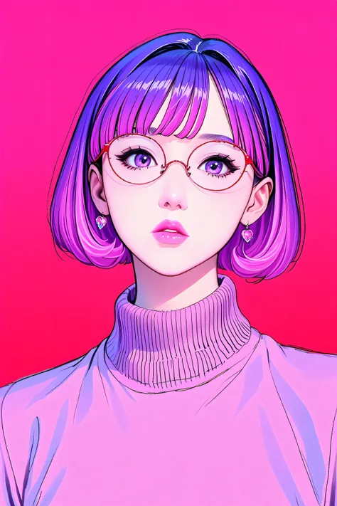 (best quality, sketch:1.2),realistic,illustrator,anime,1 girl, detailed lips, sweater, custom, red gradient background, neon hair, reddish purple hair, cut bangs, wearing glasses, dour, expressionless, critical, mysterious, cool vibes, textured cropping, m...