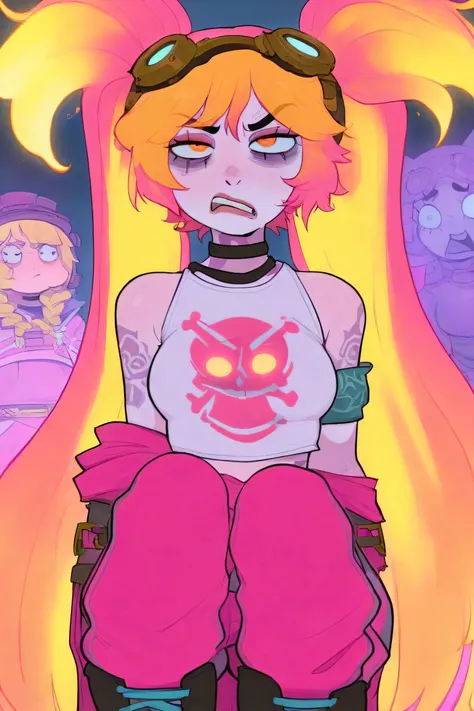 masterpiece, best quality, (masterpiece), (1girl), best quality, expressive eyes, perfect face, busty woman with pink-fade-to-blonde hair, messy bangs, extremely long twintails, goggles, cyberpunk, cropped dark high neck choker shirt, skull design on shirt...