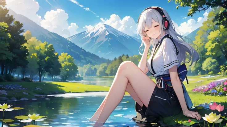 (( Masterpiece 、 top quality、 official art))、Detailed Anime、Unity 8 k wallpaper、((girl summer clothes 、 detailed face, big )) use headphone, beautifull silver long hair, sexy body, Wear short sleeves and shorts,enjoying music with closed eye, Roll up your...