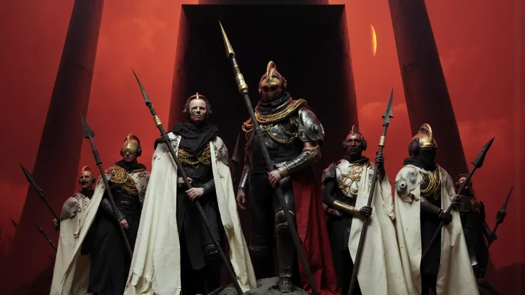 A group of soldiers dressed in black leather stand neatly at the top of a mountain,Dressed in long white capes,The soldiers all had spears in their hands,The spear stands on the ground,Wearing a golden helmet,and their helmets were covered with wires and p...