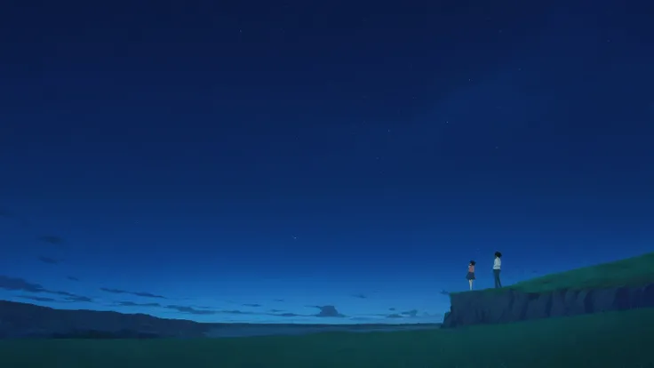anime, kimi no nawa style, anime style, beautiful scenery, unbelievable beautfiul scenery, calming scenery, near cliff scenery, sky anime, anime vibes, chill, windy, grass, minimalist, anime, night sky anime, high resolution, webp resolution, 8K scenery an...