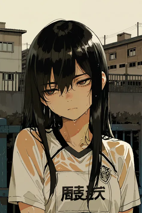 Girl with a serious melancholic expression from anime, long black hair, Anime style, sports uniform, portrait in the foreground, half body, front view looking ahead looking into the distance, Serious melancholic look cuero suave, Minimum fund, inner enviro...