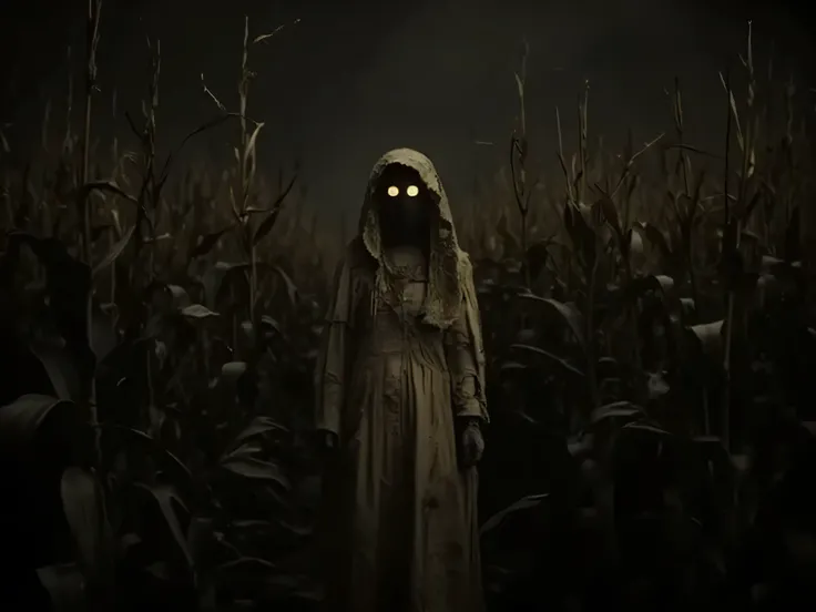 A solitary figure stands eerily still in the darkness among the corn plantation, subtle glowing eyes locked onto the viewer. Dressed in tattered, indiscernible attire, their face obscured by shadows, only their intense gaze pierces the darkness. Enigmatic ...