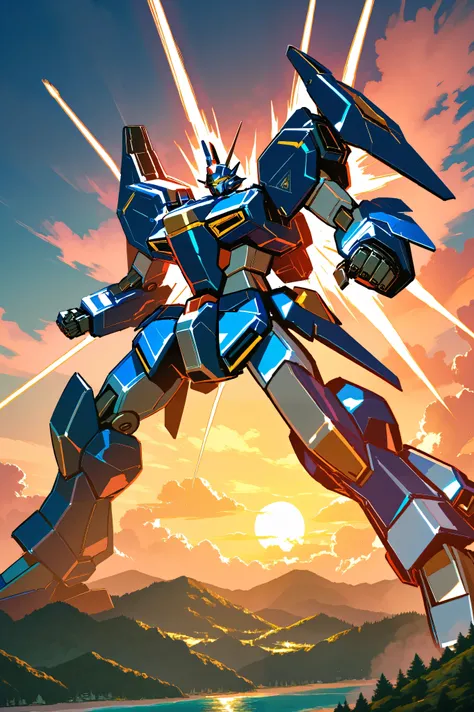Giant mecha robot flying between the crumbling clouds and the sun on the horizon. detailed shapes with futuristic engineering and shiny metal colors. carrying huge laser weapons, 4k, 2D Anime Shirt, battle pose, large clouds, forest landscape and a beac...