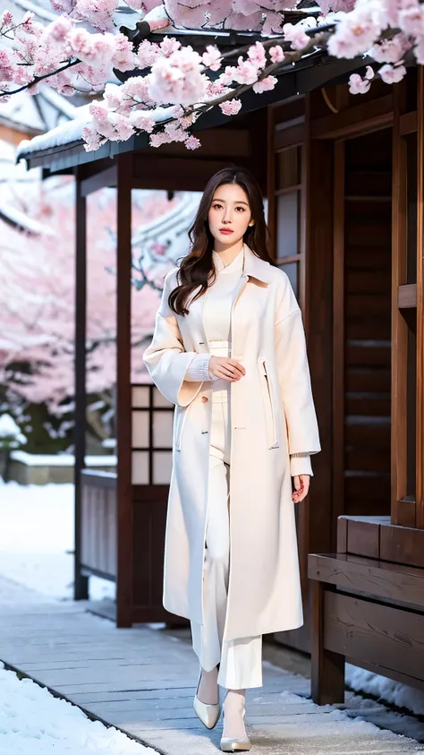 "A striking Russian-Asian model with luminous porcelain skin strolls along a snow-dusted walkway lined with delicate pink sakura trees in Tokyo, sheltered under a crystal-clear dome-shaped umbrella edged with frost. Soft morning light filters through the b...