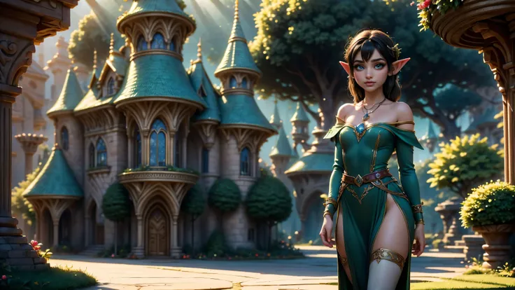 ((1girl)), ((solo)), ((young woodland warrior elf girl)), ((walking through an elf village)), ((male elves turning to look at her)), ((elf girl focus)), ((long dark hair)), ((smiling)), ((short ears)), ((round breasts)), thigh-highs, formfitting eleven clo...