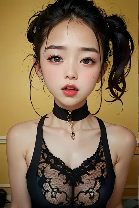 Amazing portrait of a cute and sexy woman with her hair in a short bob and a beautiful face with smokey eyes in a seductive gaze and red lips in a seductive smile, her porcelain skin blushing wearing a t shirt pulled off her shoulder exposing her bare shou...