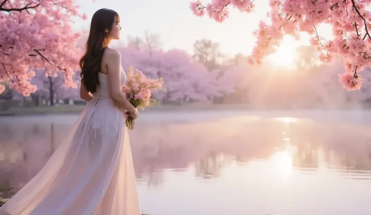 A young woman stands on the edge of a tranquil lake at sunrise, wearing a flowing white dress. She holds a bouquet of pink flowers and gazes at the misty landscape, surrounded by soft pastel colors from the sunrise. The scene is calm and peaceful, with che...