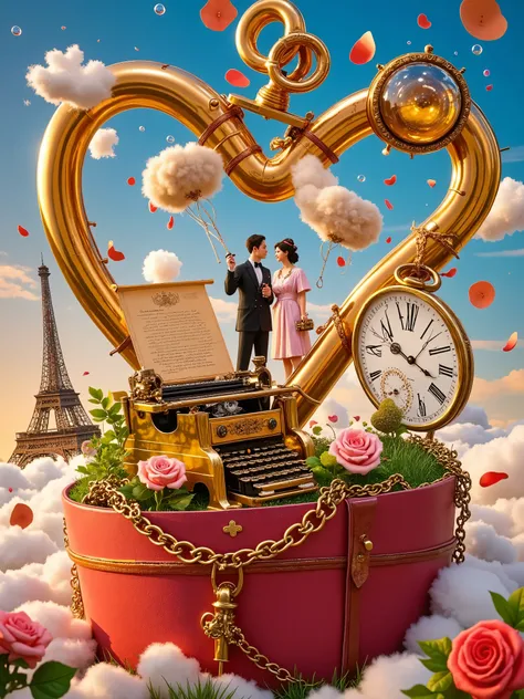 Brass texture and leather texture,Victorian costume。 Girl holding an umbrella, A man operating a steam-powered typewriter, A love letter made of sheepskin falls from the beak of a robot bird。 The background of a giant clock gear biting to form a heart, A p...