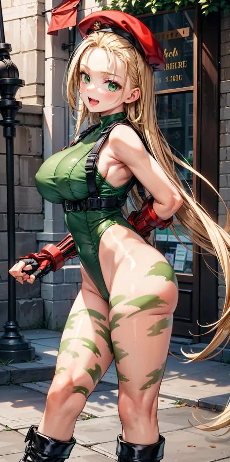 masterpiece、 high image quality、smiles、open mouth、(blonde long hair)、(standing:1.5、Hands behind the back:1.3、Big Breasts、SFW Giant Body、long legs)、 blue eyes、cammy white, long hair, blonde hair,  beret , (red headwear:1.3), large breasts, ( green leotard :...