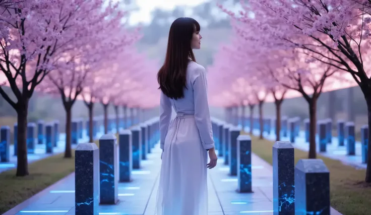 Within the Metaverse, a young woman stands in a virtual Japanese cemetery, her white flowing dress glowing faintly against the backdrop of digital tombstones and holographic cherry blossoms. The virtual graveyard is bathed in a soft, blue and pink neon lig...
