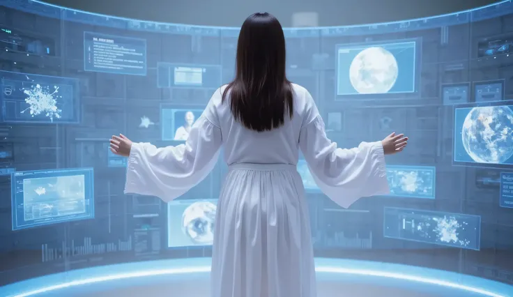 A young woman in a flowing white dress stands before a holographic interface, surrounded by floating windows of data, images, and analytics. The interface glows with a soft blue light, creating an ethereal and immersive atmosphere. The woman, with her long...