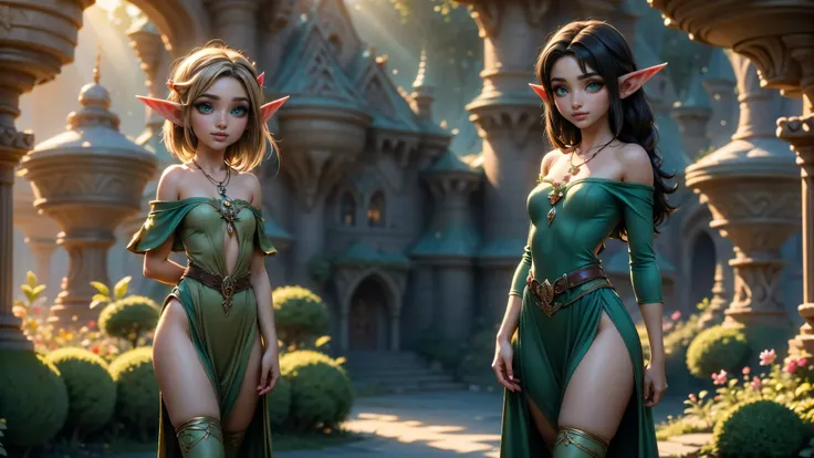 ((1girl)), ((solo)), ((young woodland warrior elf girl)), ((walking through an elf village)), ((male elves turning to look at her)), ((elf girl focus)), ((long dark hair)), ((smiling)), ((short ears)), ((round breasts)), thigh-highs, formfitting eleven clo...
