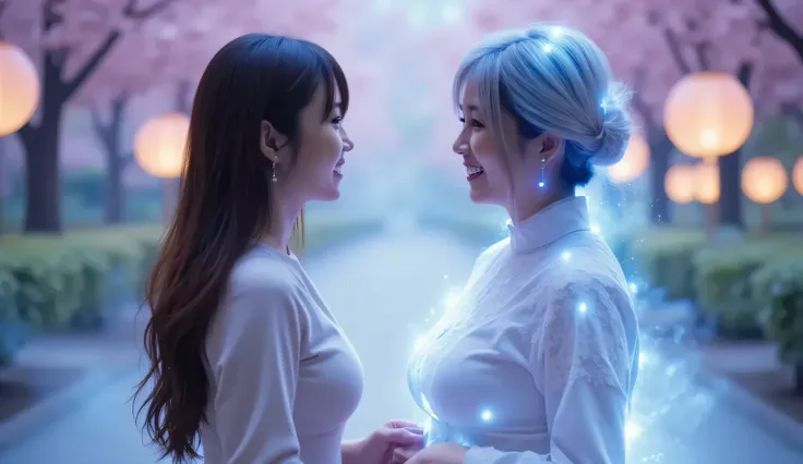 In a Metaverse virtual world, a young woman and a glowing, translucent figure of her grandmother stand face to face. The grandmother, with soft, ethereal blue light radiating from her, smiles warmly at the young woman, who is smiling back. The background i...