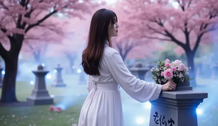 In a futuristic virtual world, a woman wearing a white flowing dress stands before a digital Japanese tombstone in a peaceful Metaverse cemetery. The grave is adorned with glowing pink flowers, and virtual cherry trees bloom in the background. The woman is...