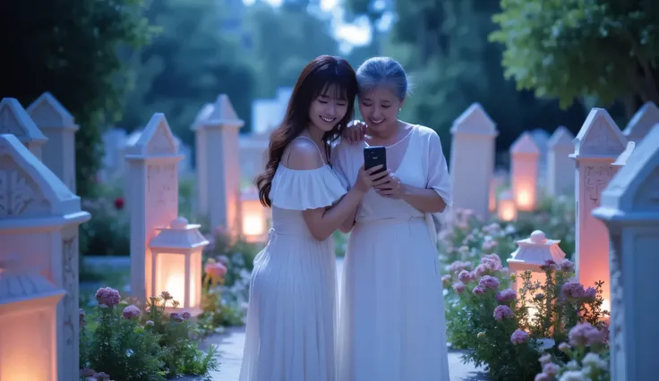 In a serene Metaverse graveyard, a young woman in a flowing white dress and her elderly grandmother share a peaceful, joyful moment. The young woman holds an iPhone in her hand, showing her grandmother cherished digital memories. Around them, glowing lante...