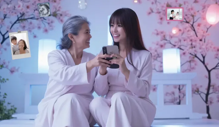 In a serene Metaverse virtual world, a young woman in a flowing white dress sits beside her elderly grandmother on a virtual bench, both smiling and sharing joyful memories. The young woman holds an iPhone in her hand, showing her grandmother pictures on t...