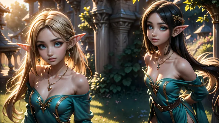 ((1girl)), ((solo)), ((young woodland warrior elf girl)), ((walking through an elf village)), ((male elves turning to look at her)), ((elf girl focus)), ((long dark hair)), ((smiling)), ((short ears)), ((round breasts)), thigh-highs, formfitting eleven clo...