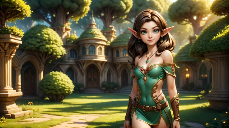 ((1girl)), ((solo)), ((young woodland warrior elf girl)), ((walking through an elf village)), ((male elves turning to look at her)), ((elf girl focus)), ((long dark hair)), ((smiling)), ((short ears)), ((round breasts)), thigh-highs, formfitting eleven clo...