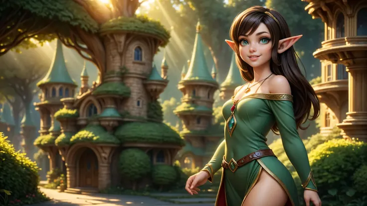 ((1girl)), ((solo)), ((young woodland warrior elf girl)), ((walking through an elf village)), ((male elves turning to look at her)), ((elf girl focus)), ((long dark hair)), ((smiling)), ((short ears)), ((round breasts)), thigh-highs, formfitting eleven clo...