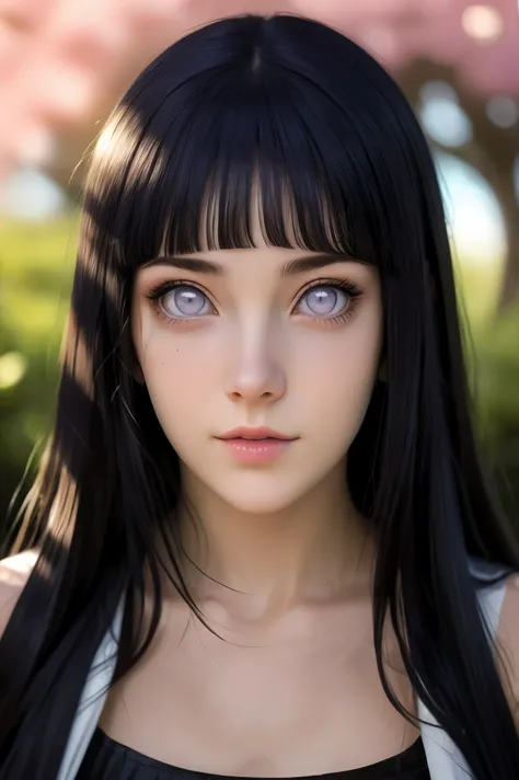 masterpiece, cinematic look, breast :1.1, HDR : 1.2, ultra lightening, ultra detailed, high quality 8k resolution, background: in garden of purple petal trees, highly detailed image, light hearted smirk, navel,body image from head to thighs,  HinataNS, Hin...