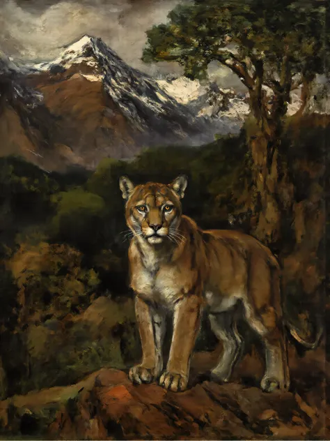 16th century style oil painting, front light, odd, strange, thick brush strokes, blacks, whites, greens, dramatic, a cougar, mountains, forest, focus on eyes, looking at viewer, 
