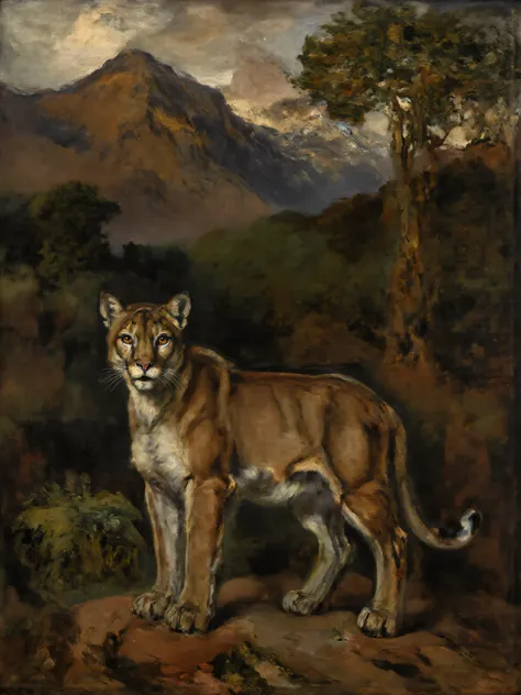 16th century style oil painting, front light, classic animal painting, realistic thick brush strokes, blacks, whites, greens, dramatic, a cougar, mountains, forest, focus on eyes, looking at viewer, 
