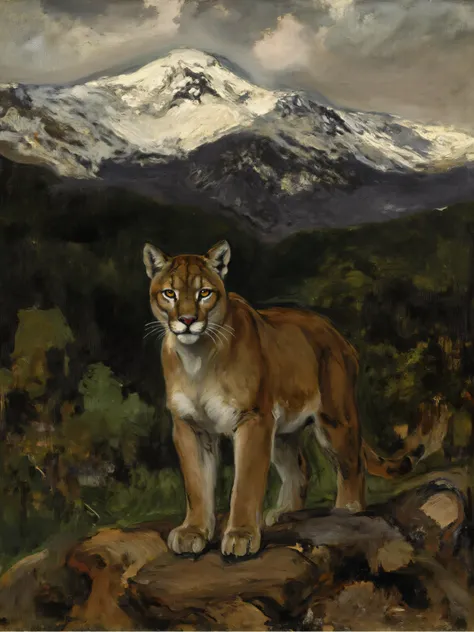 16th century style oil painting, front light, classic animal painting, realistic, thick brush strokes, blacks, whites, greens, dramatic, a cougar, mountains, forest, focus on eyes, looking at viewer, 

