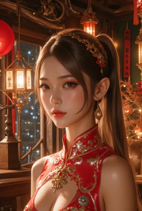 Cat ears、 face up, attractive, pretty girl, ponytail、few beautiful lady hair decorations, (( fine facial features , eroticism)), dramatic lighting , realistic , 8k, Dramatic Shadows , intricate and elaborate patterns , super detailed photo , chiaroscuro li...