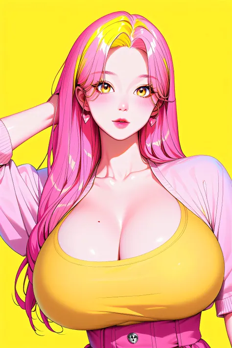 korean girl, Kizi,Highly detailed, Amazing work,Vitreous luster,((clean backdrop)),In pink,(((yellow colors))),Best quality at best,clean backdrop, yellow backdrop, pink backdrop, colorful backdrop, big breasts, cleavage,
