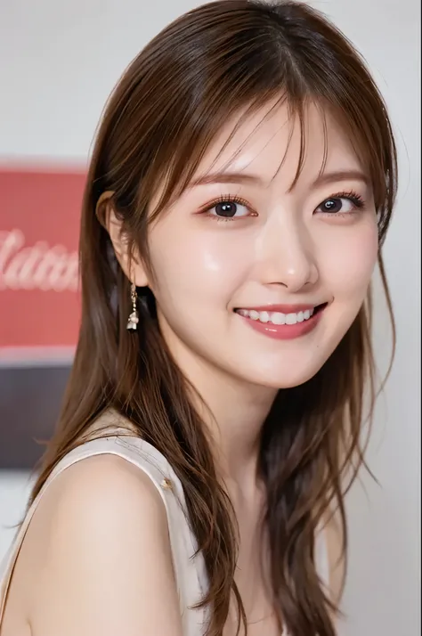 best quality, ultra detailed, detailed, masterpiece, woman, happy, evil smiling, looking ahead, semi long, black hair, brown hair, headshot