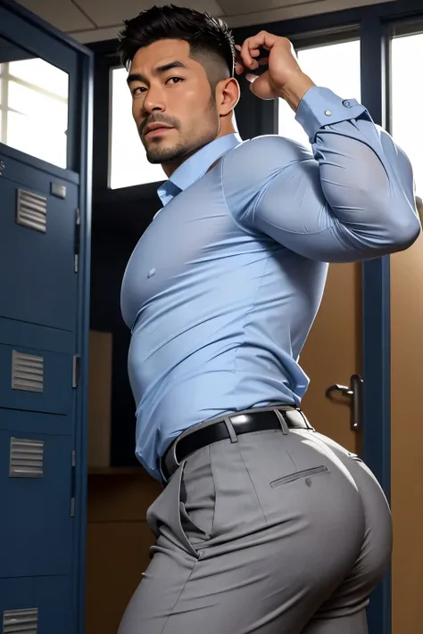 40-year-old boy Japanese muscular male in transparent navy blue formal shirt......... short haired, bearded, wearing light grey trouser ...........gooning seductive expression.................... dripping on body and pants...................., arching back...