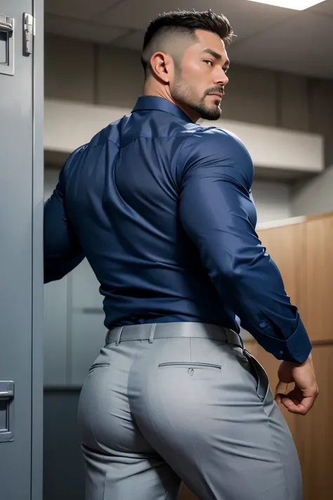 40-year-old boy Japanese muscular male in transparent navy blue formal shirt......... short haired, bearded, wearing light grey trouser ...........gooning seductive expression.................... dripping on body and pants...................., arching back...