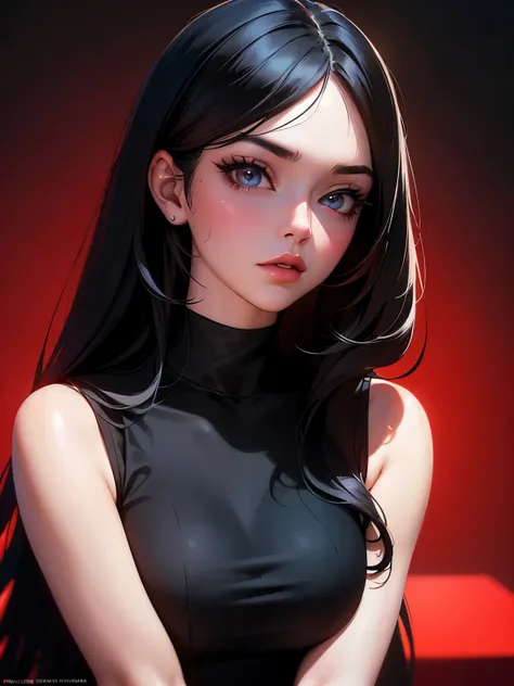 a girl with long black hair, 1980s style, wearing a red sleeveless dress, beautiful detailed eyes,beautiful detailed lips,extremely detailed face,longeyelashes,photorealistic,ultra-detailed,8k,masterpiece,vibrant colors,dramatic lighting,cinematic composit...