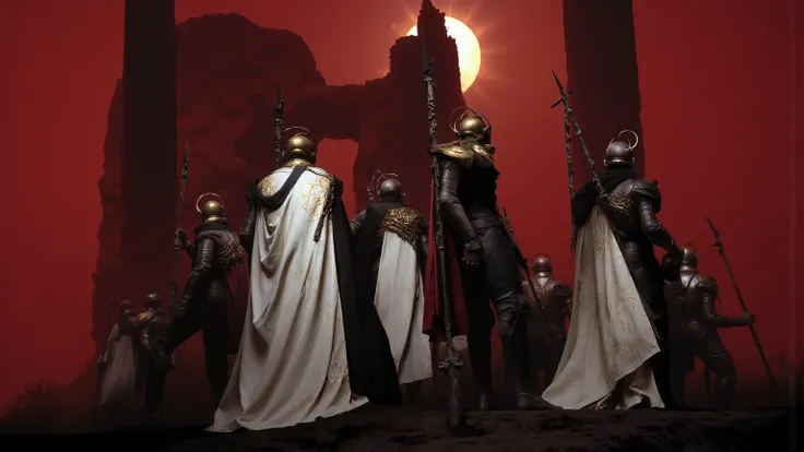 A group of soldiers dressed in black leather stands neatly at the top of a mountain,Soldiers in the distance,Dressed in long white capes,The soldiers all had spears in their hands,The spear stands on the ground,Wearing a golden helmet,and their helmets wer...