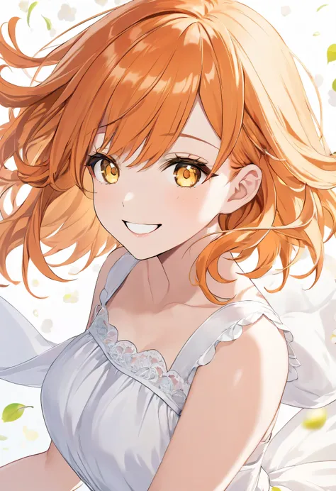 adult female, short orange hair and yellow eyes 、pure smile、white dress、fantastic white cherry background