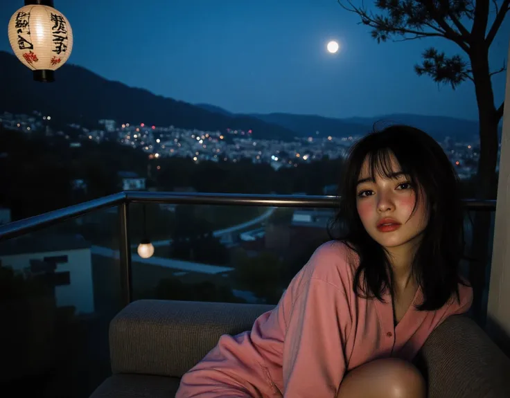 Aesthetically pleasing cinematic composition and epic perspective (Close-up half-body portrait) Glass railings, Cute and adorable sexy young lady in her pajamas as she rests on the couch outside on the rooftop veranda overlooking the city from the mountain...