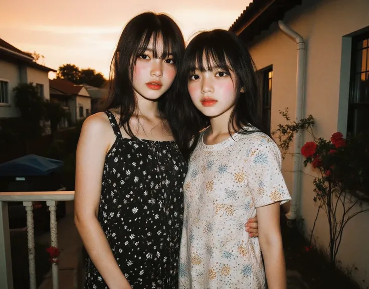 2 sisters in dresses cute and adorable pose in their pajamas , score_9 up, Cutest and prettiest goth girl , lovely ethereal scene (suburban setting background seeing houses and shops from the veranda metro Manila philippines, urban Manila,modern cubao hou...