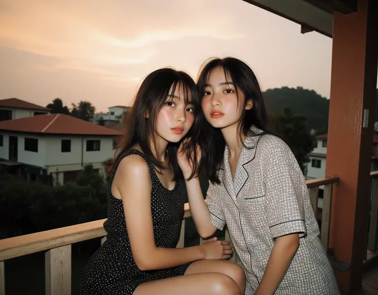 2 sisters in dresses cute and adorable pose in their pajamas , score_9 up, Cutest and prettiest goth girl , lovely ethereal scene (suburban setting background seeing houses and shops from the veranda metro Manila philippines, urban Manila,modern cubao hou...