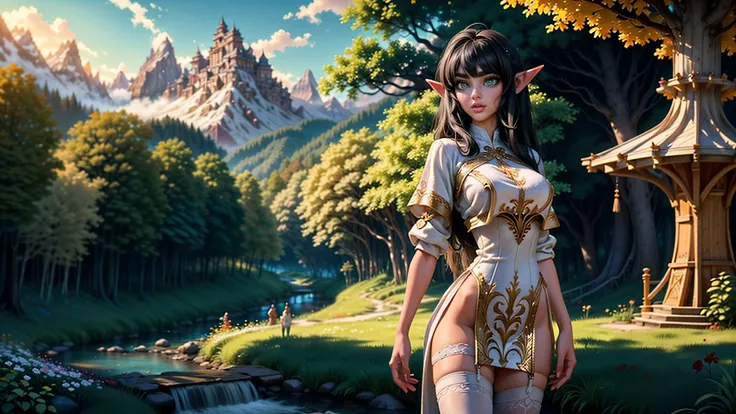 cute age elf girl with a beautiful body and face, men looking at her as she walks through her village, ((men staring)), ((1girl)), ((solo)), ((Long hair)), ((black hair)), ((skinny)), ((petite)), ((young girl)), ((large expressive eyes)), ((smiling)), ((wh...