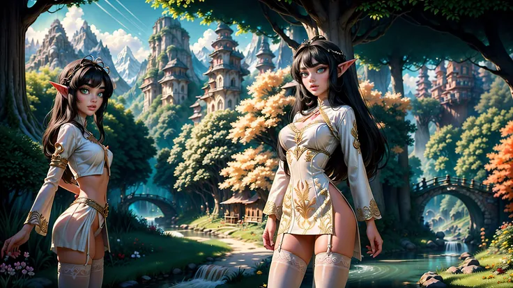 cute age elf girl with a beautiful body and face, men looking at her as she walks through her village, ((men staring)), ((1girl)), ((solo)), ((Long hair)), ((black hair)), ((skinny)), ((petite)), ((young girl)), ((large expressive eyes)), ((smiling)), ((wh...