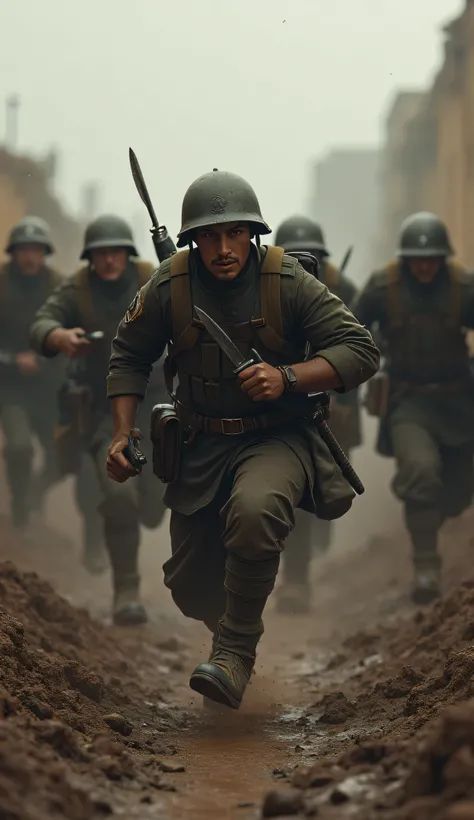 **Prompt:** Create a breathtaking hyperrealistic digital artwork that portrays a panoramic wide angle scene from World War I, emphasizing a group of Italian Arditi knives troops in action. Each soldier should be meticulously illustrated with finely detaile...