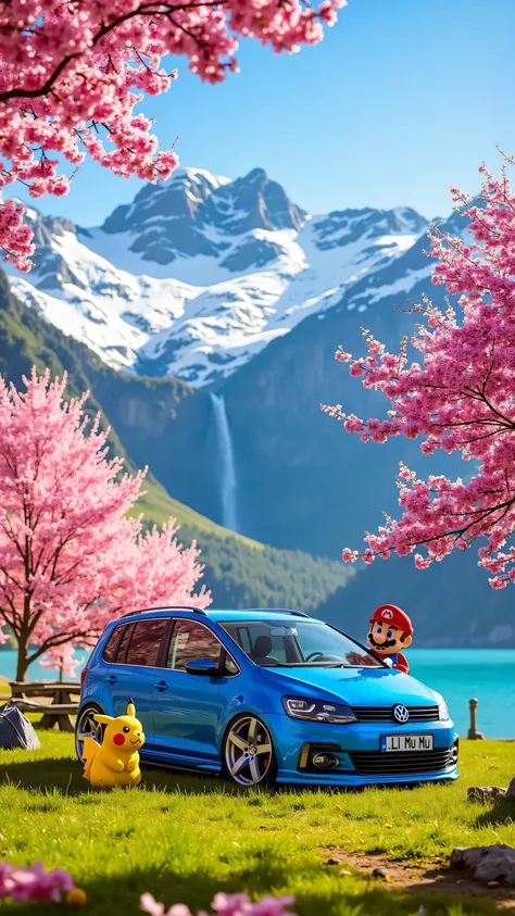 Pikachu and Mario set up a tent on the meadow，parked blue Volkswagen Touran L，Modified car，wide body and negative wheel base wheels，written on the license plate:” Li Mu Mu”。There are cherry blossom trees next to the meadow，Cherries are scattered in the air...