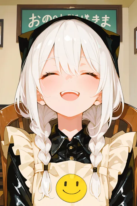 Smiling anime girl, long white hair with braids, Anime style, apron, portrait in the foreground, half body, front view looking forward, smiley look soft leather, Minimum fund, interior environment, Dim environment , sharp focus on the face, digital illust...
