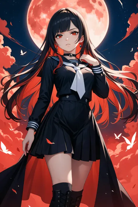 (1 woman, beautiful girl,  Princess cut,  black hair,  long hair, bangs, Crimson eyes, shining eyes,  beautiful eyes ,  pitiful gaze ,  serious expression ), ((black sailor suit), long sleeves, black skirt, white tie, ((Thick black Thigh-length socks)), bl...