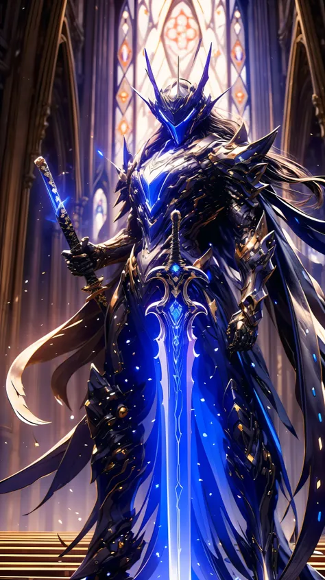 close-up of a person wearing a silver costume holding a sword, Silver Armor, Smooth Silver Armor, 8k HD wallpaper jpeg artifact , 8k HD wallpaper jpeg artifact , ethereal and Mecha theme, overwatch sigma , armor with a blue luminous core , Threate...