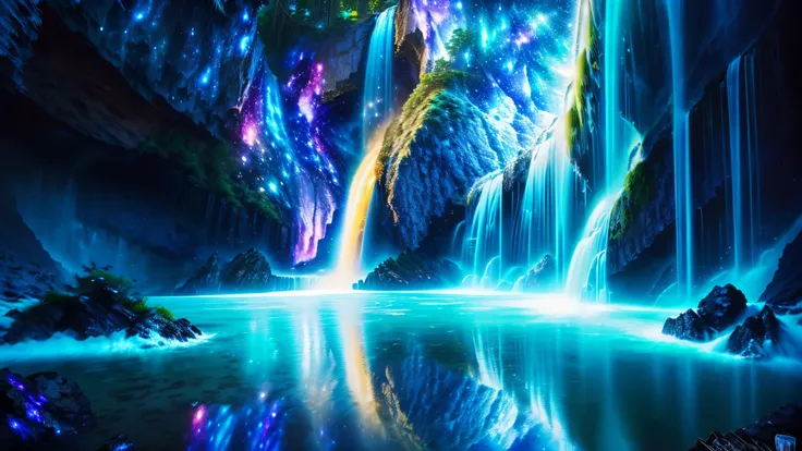 Majestic Atmosphere ,Vast Sky,( very beautiful artistic watercolor painting ), beautiful nature ,Very big and beautiful sky,\(( very elaborate and beautiful galaxy reflection:1.4)\),(many waterfalls lined up),Lots of Flow,Glowing moss ,shining rock face,...