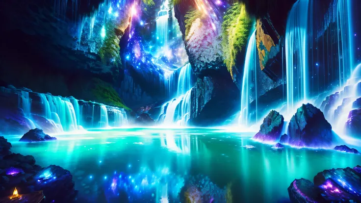 Majestic Atmosphere ,Vast Sky,( very beautiful artistic watercolor painting ), beautiful nature ,Very big and beautiful sky,\(( very elaborate and beautiful galaxy reflection:1.4)\),(many waterfalls lined up),Lots of Flow,Glowing moss ,shining rock face,...