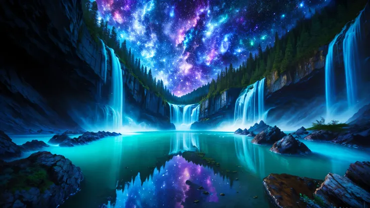 Majestic Atmosphere ,Vast Sky,( very beautiful artistic watercolor painting ), beautiful nature ,Very big and beautiful sky,\(( very elaborate and beautiful galaxy reflection:1.4)\),(many waterfalls lined up),Lots of Flow,Glowing moss ,shining rock face...
