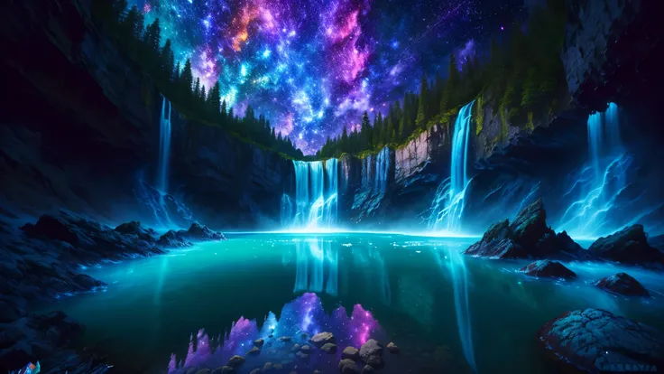 Majestic Atmosphere ,Vast Sky,( very beautiful artistic watercolor painting ), beautiful nature ,Very big and beautiful sky,\(( very elaborate and beautiful galaxy reflection:1.4)\),(many waterfalls lined up),Lots of Flow,Glowing moss ,shining rock face...